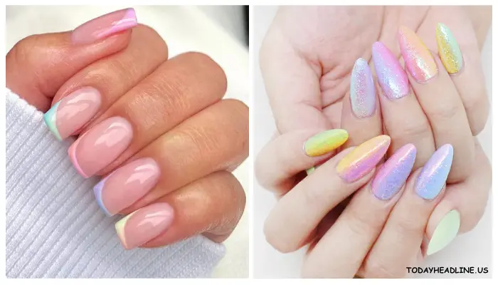 Soft pastel nails in lavender, mint, and blush pink.