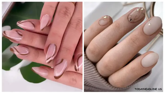 Elegant neutral nails in beige and terracotta tones.