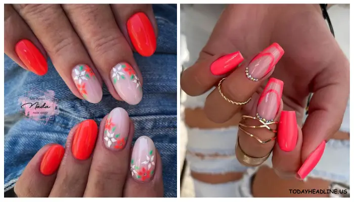 Vibrant coral nails for a bold spring statement.